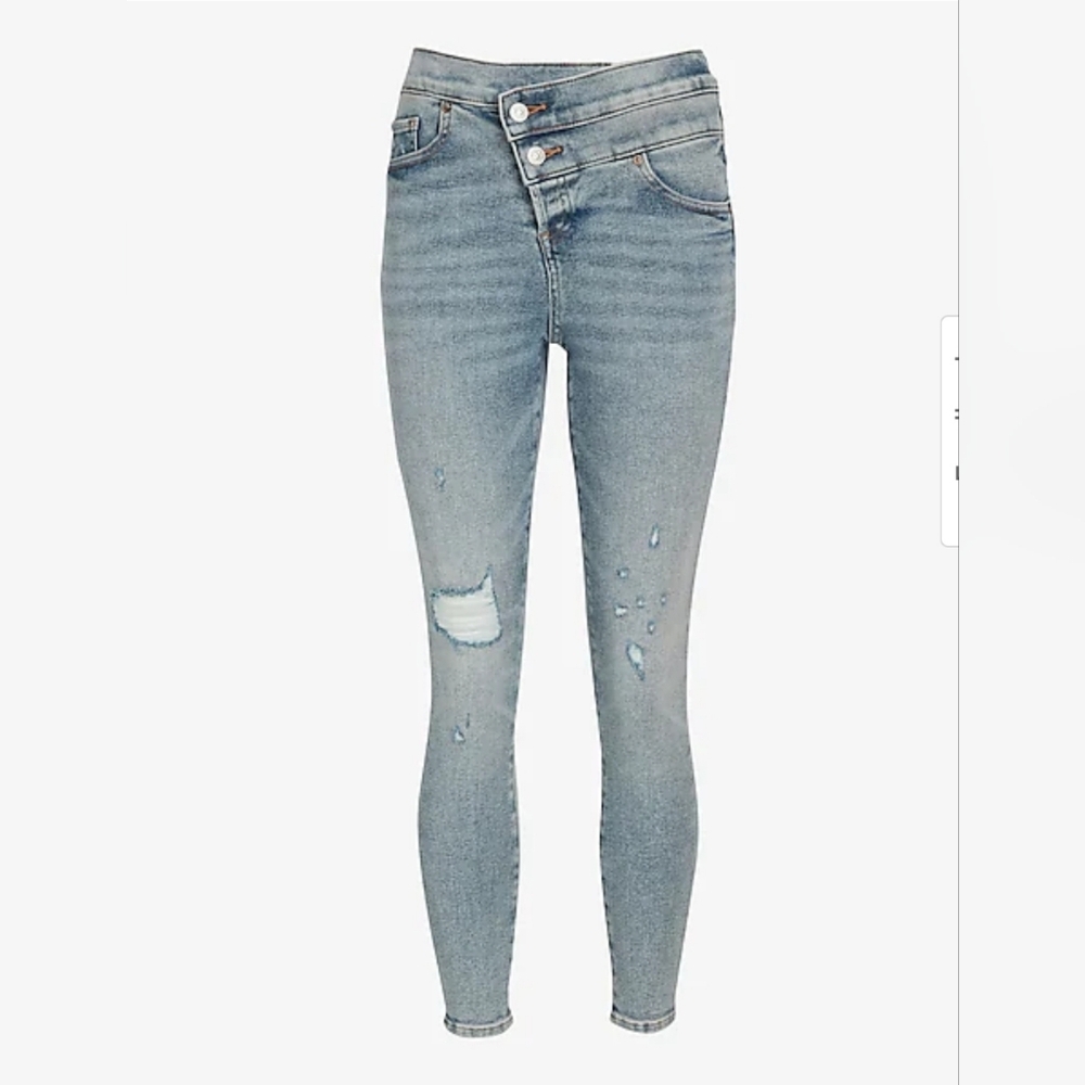 Express High Waisted Light Wash Crossover Waistband Ripped Cropped Skinny Jeans.